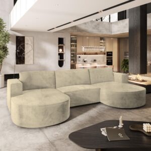 wohnli-moebel-suche-800000995725-1 WOHNLANDSCHAFT VEZZO M Creme Velours-Stoff mit Schlaffunktion Holz MASSENO Möbel > Sofas & Couches > Wohnlandschaften > Wohnlandschaften U-Form Weiß
