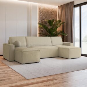 WOHNLANDSCHAFT PESANO M Creme Velours-Stoff mit Schlaffunktion Holz MASSENO Möbel > Sofas & Couches > Wohnlandschaften > Wohnlandschaften U-Form Weiß