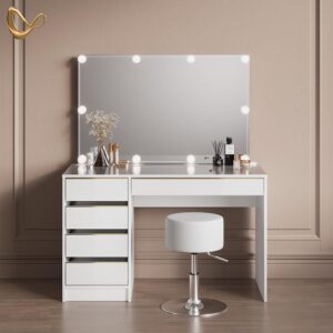 SCHMINKTISCH Imola Weiß/Gold mit LED Beleuchtung und Hocker Holzwerkstoff Livinity® Möbel > Tische > Schminktische Weiß