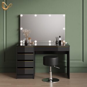 SCHMINKTISCH Imola Schwarz/Gold mit LED Beleuchtung und Hocker Holzwerkstoff Livinity® Möbel > Tische > Schminktische Schwarz