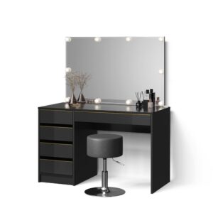 Wohnli Möbelsuche - SCHMINKTISCH Imola Schwarz/Gold mit LED Beleuchtung und Hocker