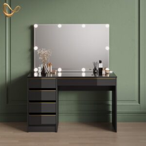 wohnli-moebel-suche-800000997550-1 SCHMINKTISCH-SET Imola Schwarz/Gold 120 cm mit LED Beleuchtung Holzwerkstoff Livinity® Möbel > Tische > Schminktische Schwarz