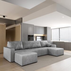 WOHNLANDSCHAFT TOLARI Hellgrau Plüsch-Stoff mit Schlaffunktion Holz MASSENO Möbel > Sofas & Couches > Wohnlandschaften > Wohnlandschaften U-Form Grau