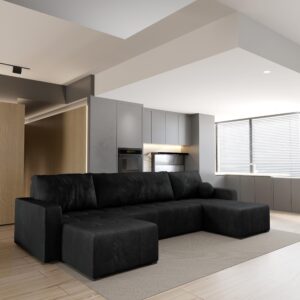 WOHNLANDSCHAFT TOLARI Schwarz Plüsch-Stoff mit Schlaffunktion Holz MASSENO Möbel > Sofas & Couches > Wohnlandschaften > Wohnlandschaften U-Form Schwarz