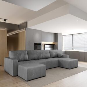 wohnli-moebel-suche-800001012226-1 WOHNLANDSCHAFT TOLARI Grau Plüsch-Stoff mit Schlaffunktion Holz MASSENO Möbel > Sofas & Couches > Wohnlandschaften > Wohnlandschaften U-Form Grau