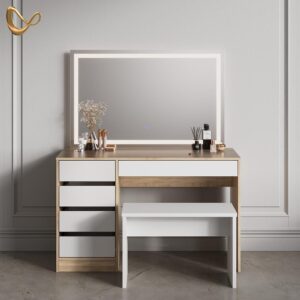wohnli-moebel-suche-800001014270-1 SCHMINKTISCH Imola Weiß/Sonoma mit LED Spiegel und Hocker Holzwerkstoff Livinity® Möbel > Tische > Schminktische Weiß