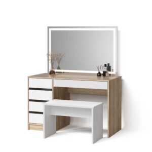 Wohnli Möbelsuche - SCHMINKTISCH Imola Weiß/Sonoma mit LED Spiegel und Hocker