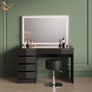 SCHMINKTISCH Imola Schwarz/Gold mit LED-Spiegel und Hocker Holzwerkstoff Livinity® Möbel > Tische > Schminktische Schwarz