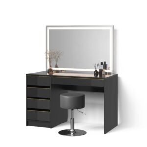 Wohnli Möbelsuche - SCHMINKTISCH Imola Schwarz/Gold mit LED-Spiegel und Hocker
