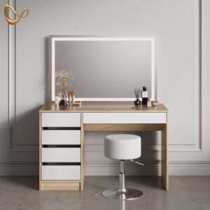 wohnli-moebel-suche-800001014319-1 SCHMINKTISCH Imola Weiß/Sonoma mit LED-Spiegel und Hocker Holzwerkstoff Livinity® Möbel > Tische > Schminktische Weiß
