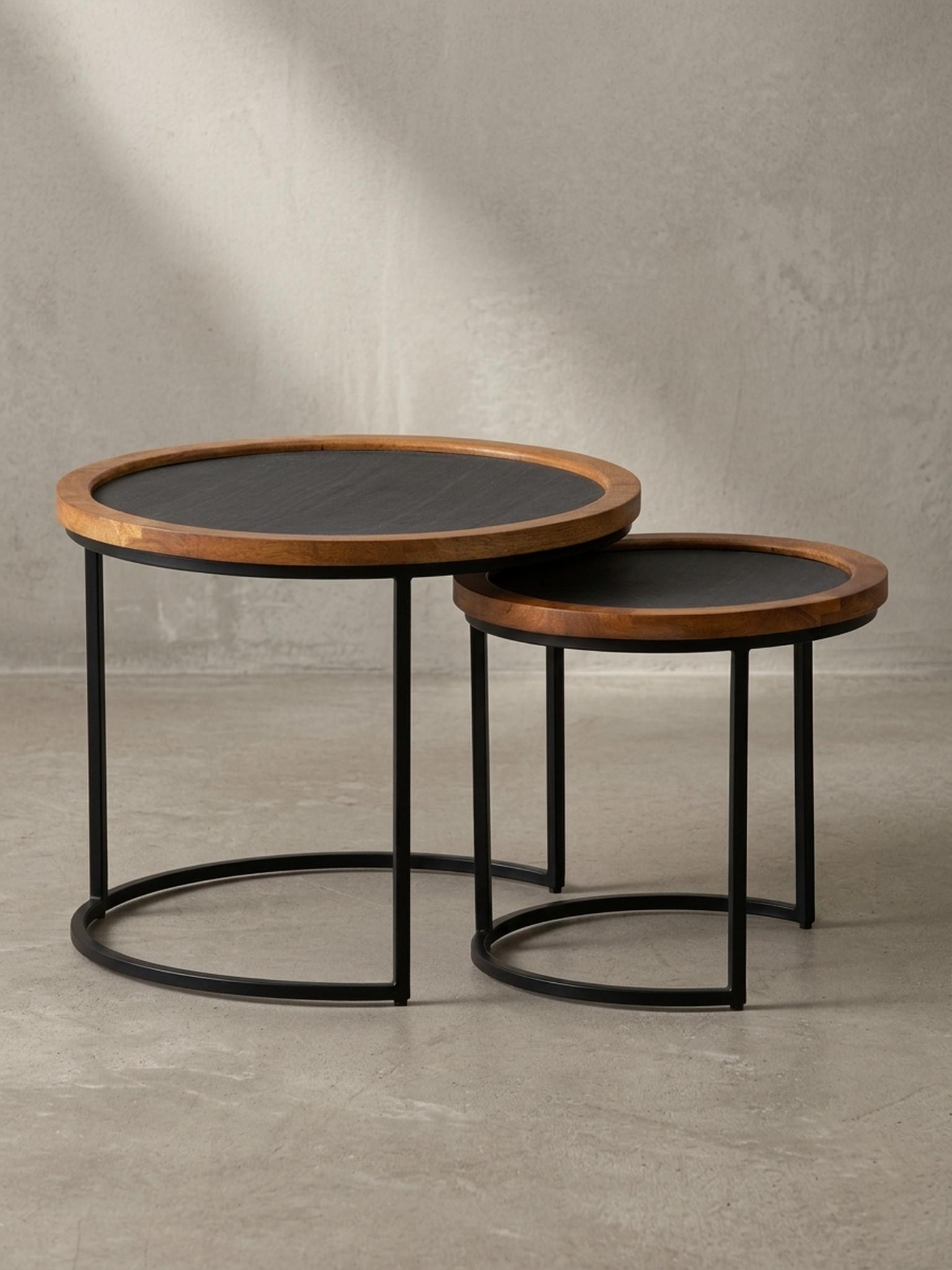 wohnli-moebel-suche-800001018588-1 COUCHTISCH Set – 2-teilig Rund Mango Massivholz Steinoptik Metall Braun Anthrazit Holz KADIMA DESIGN Möbel > Tische > Beistelltische Braun