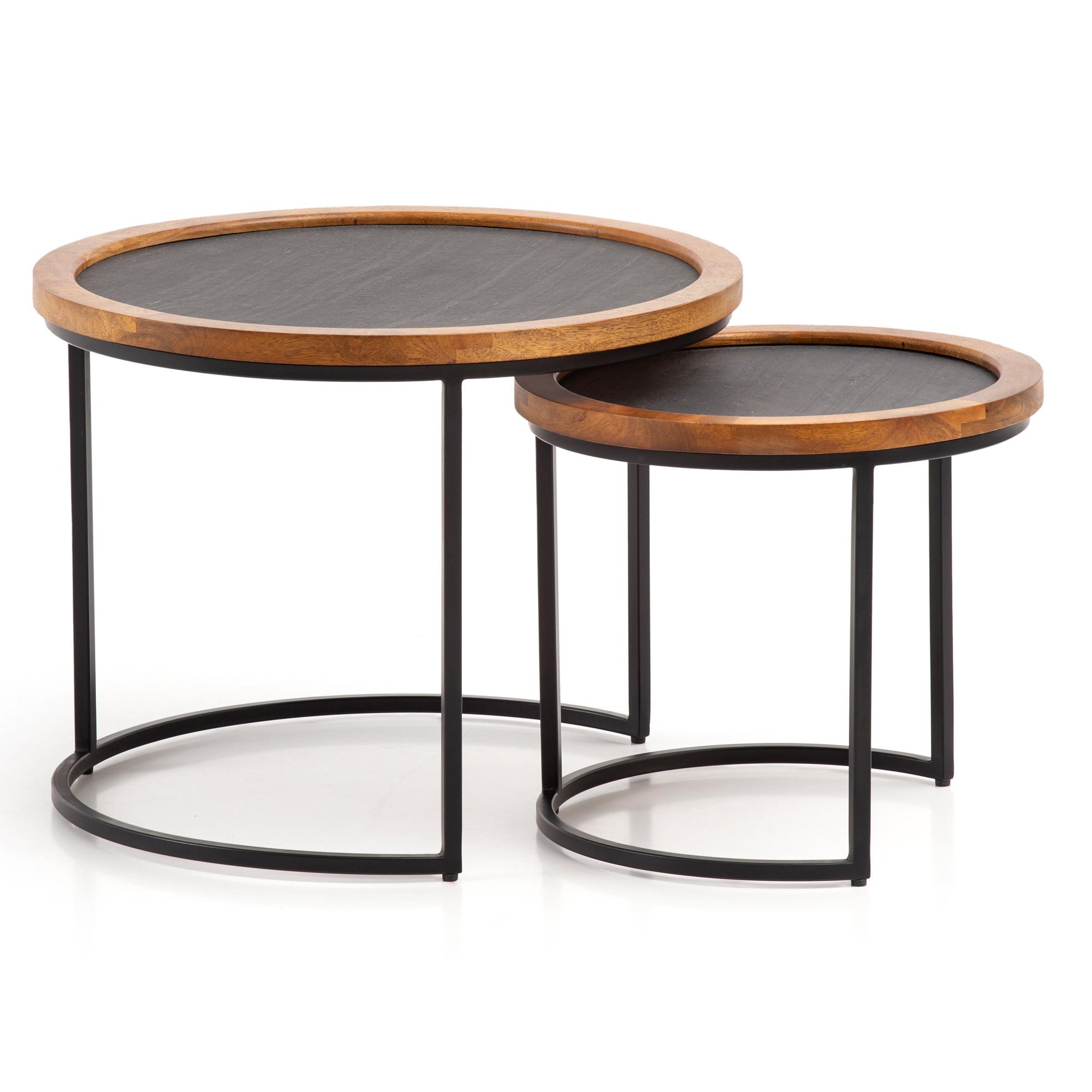 Wohnli Möbelsuche - COUCHTISCH Set – 2-teilig Rund Mango Massivholz Steinoptik Metall Braun Anthrazit