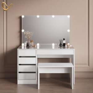 wohnli-moebel-suche-800001019821-1 SCHMINKTISCH Imola Weiß mit LED Beleuchtung und Bank Holzwerkstoff Livinity® Möbel > Tische > Schminktische Weiß
