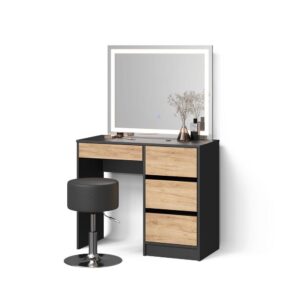 Wohnli Möbelsuche - SCHMINKTISCH Imola Anthrazit/Goldkraft Eiche mit LED-Spiegel und Hocker