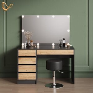 wohnli-moebel-suche-800001031496-1 SCHMINKTISCH Imola Anthrazit/Goldkraft Eiche mit LED Beleuchtung und Hocker Holzwerkstoff Livinity® Möbel > Tische > Schminktische Anthrazit