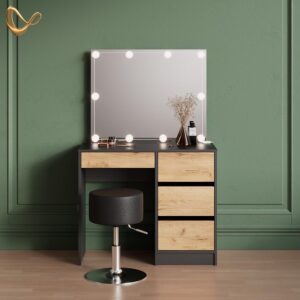 SCHMINKTISCH Imola Anthrazit/Goldkraft Eiche mit LED Beleuchtung und Hocker Holzwerkstoff Livinity® Möbel > Tische > Schminktische Anthrazit