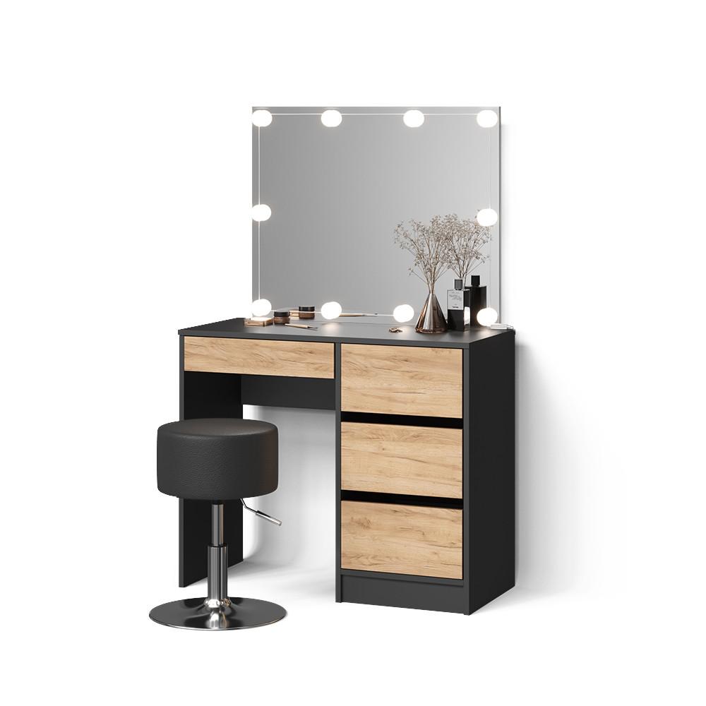 Wohnli Möbelsuche - SCHMINKTISCH Imola Anthrazit/Goldkraft Eiche mit LED Beleuchtung und Hocker