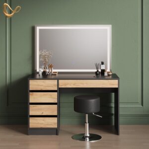 SCHMINKTISCH Imola Anthrazit/Goldkraft Eiche mit LED-Spiegel und Hocker Holzwerkstoff Livinity® Möbel > Tische > Schminktische Anthrazit