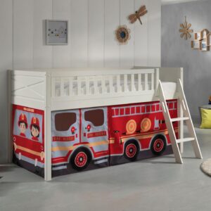 KINDERBETT Karyl 208x114x135 Massivholz Weiß Textilset Feuerwehr Holz 58aufmkessel Möbel > Betten > Hoch- und Etagenbetten > Hochbetten Weiß