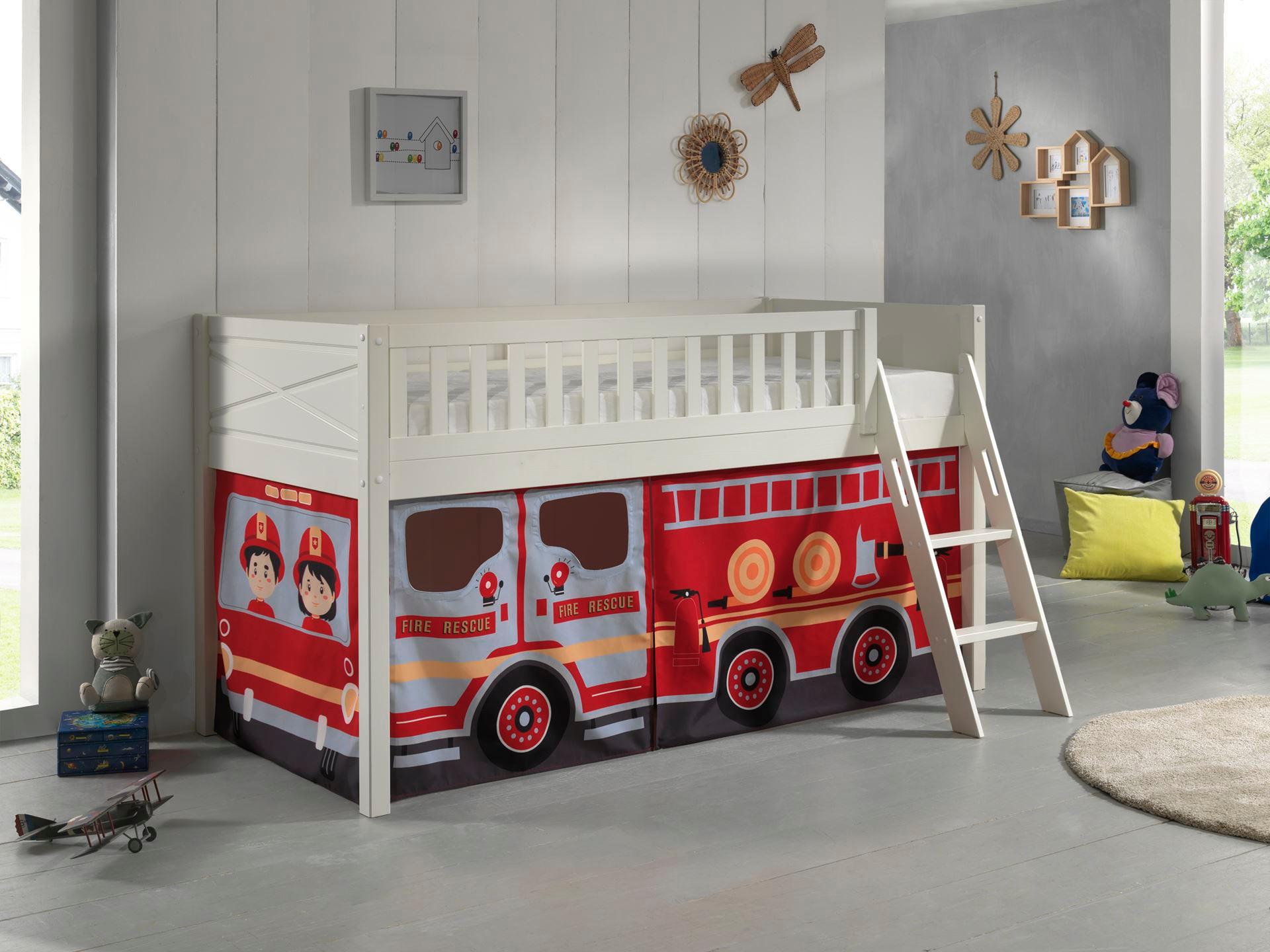 KINDERBETT Karyl 208x114x135 Massivholz Weiß Textilset Feuerwehr Holz 58aufmkessel Möbel > Betten > Hoch- und Etagenbetten > Hochbetten Weiß