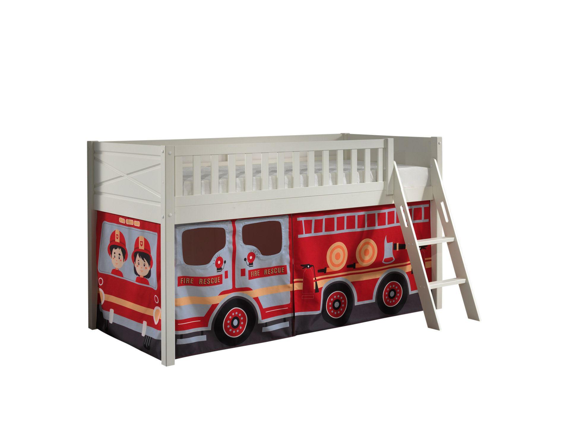 Wohnli Möbelsuche - KINDERBETT Karyl 208x114x135 Massivholz Weiß Textilset Feuerwehr