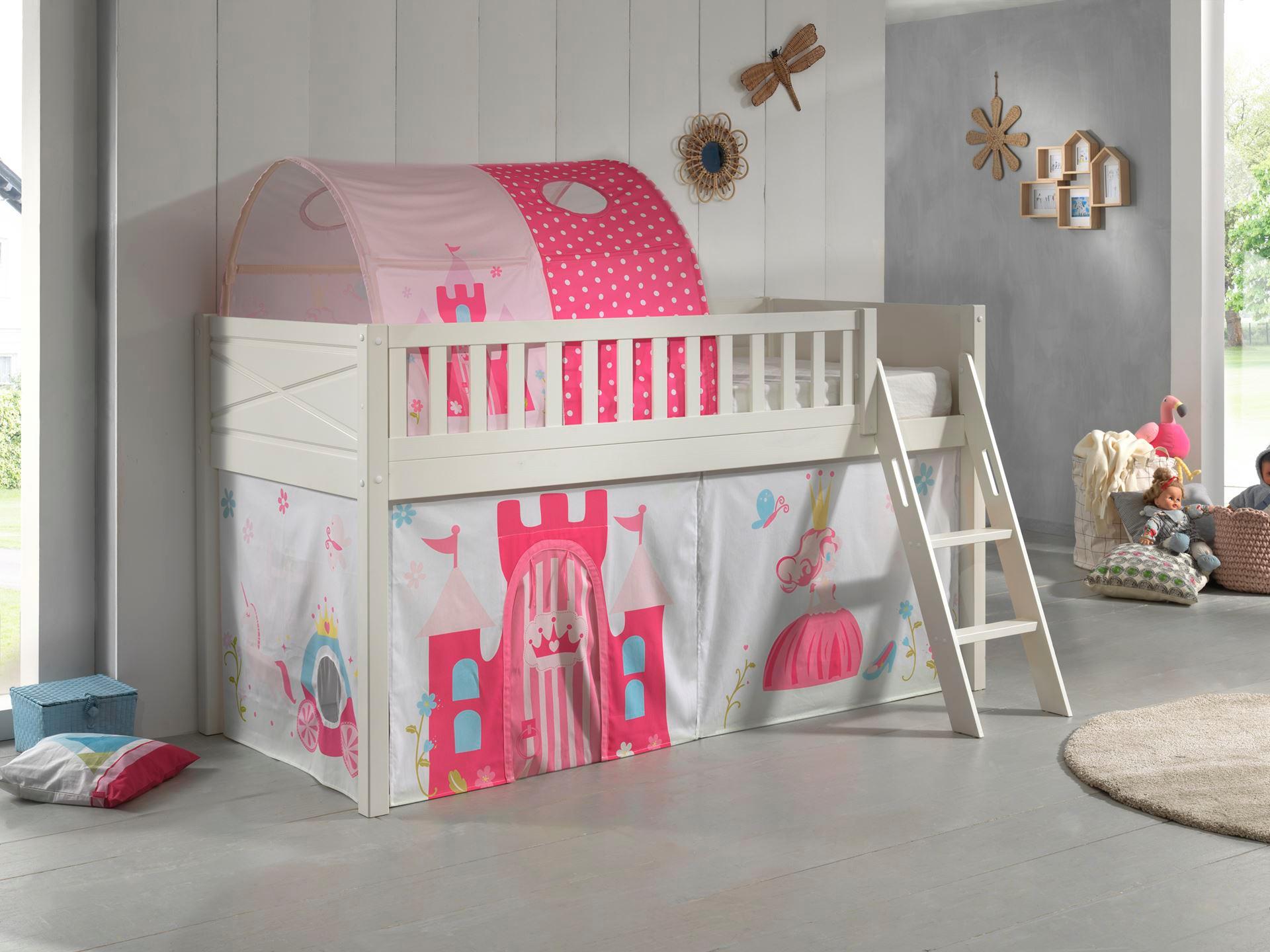 KINDERBETT Karyl 208x114x135 Massivholz Weiß Textilset Princess 2 Holz 58aufmkessel Möbel > Betten > Hoch- und Etagenbetten > Hochbetten Weiß