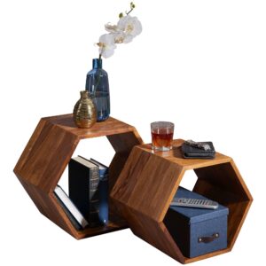 wohnli-moebel-suche-800001054172 Wohnli Möbelsuche - BEISTELLTISCH Set – 2-teilig Massivholz Braun Wabenform handgefertigt