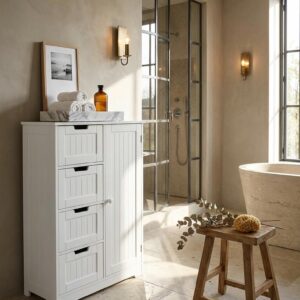 wohnli-moebel-suche-800001054211-1 BADSCHRANK Weiß 56 x 83 x 30 cm im Landhausstil aus MDF mit 4 Schubladen und 1 Tür PATTI Holzwerkstoff KADIMA DESIGN Möbel > Schränke > Badezimmerschränke Weiß