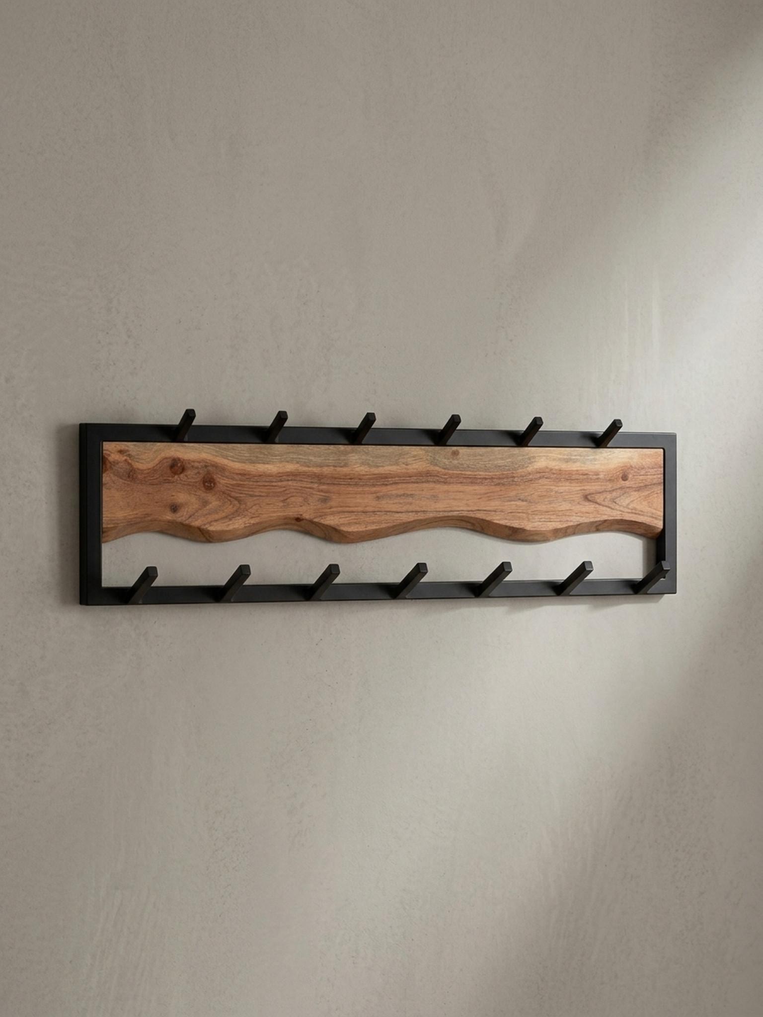 WANDGARDEROBE Akazie Massivholz Metall Modern 80x20x8 cm mit Wellenmuster Holz KADIMA DESIGN Garderoben > Garderobenhaken Braun