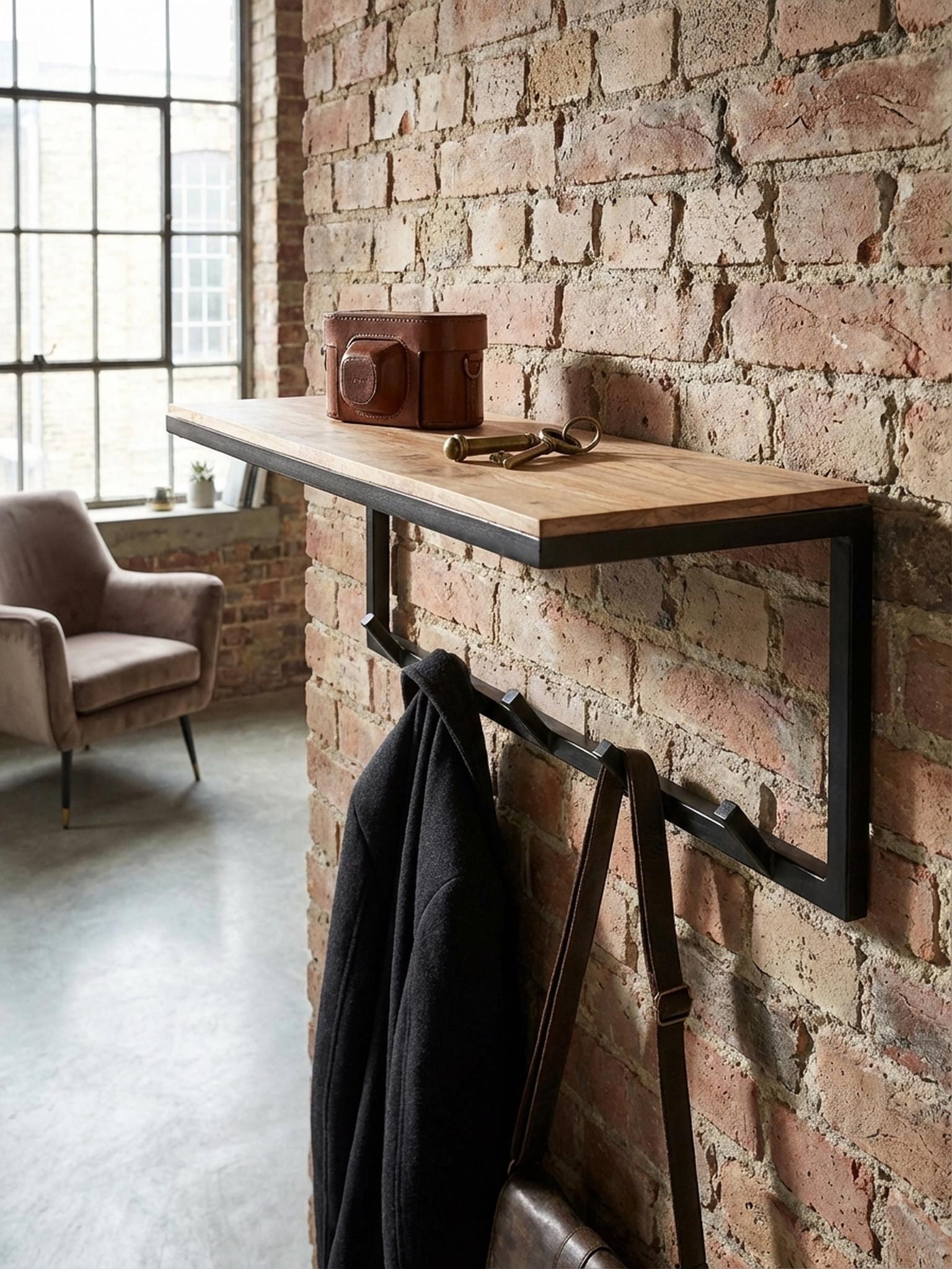 WANDGARDEROBE Akazie Massivholz Metall Modern 70x27x30 cm mit Hakenleiste und Ablage Holz KADIMA DESIGN Garderoben > Garderobenhaken Braun
