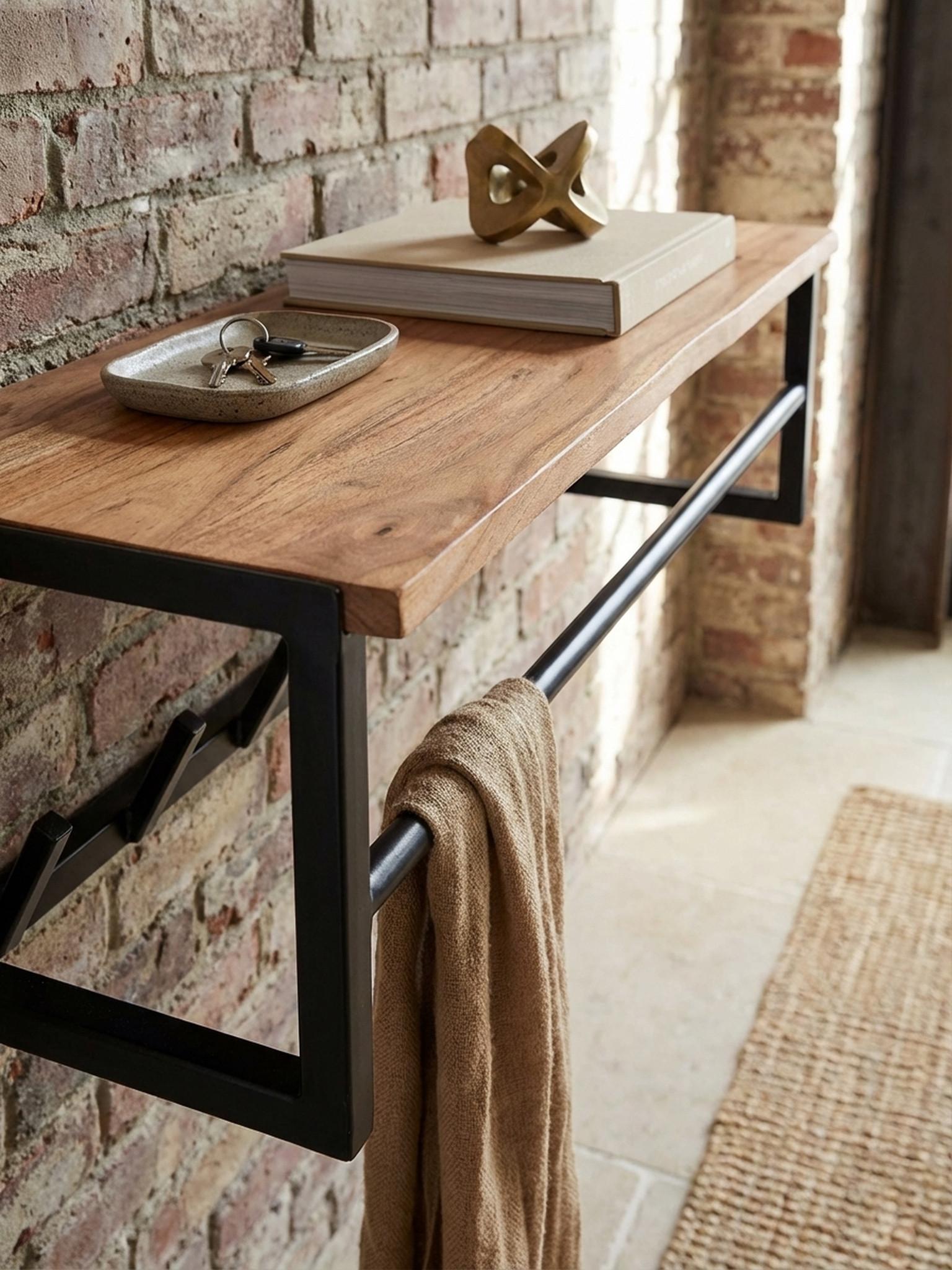 WANDGARDEROBE Akazie Massivholz Metall Modern 80x22x33 cm mit Ablage und Kleiderstange Holz KADIMA DESIGN Garderoben > Garderobenhaken Braun
