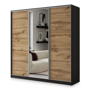 Wohnli Möbelsuche - SCHWEBETÜRENSCHRANK SORE 200/205/58 cm 3-türig mit Spiegel und 4 Schubladen Schwarz