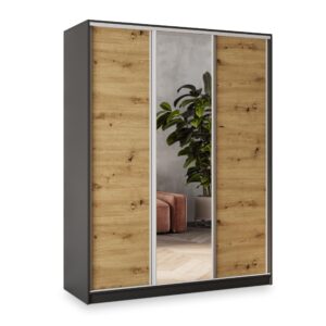 Wohnli Möbelsuche - SCHWEBETÜRENSCHRANK SORE 160/205/58 cm 3-türig mit Spiegel und 4 Schubladen Schwarz