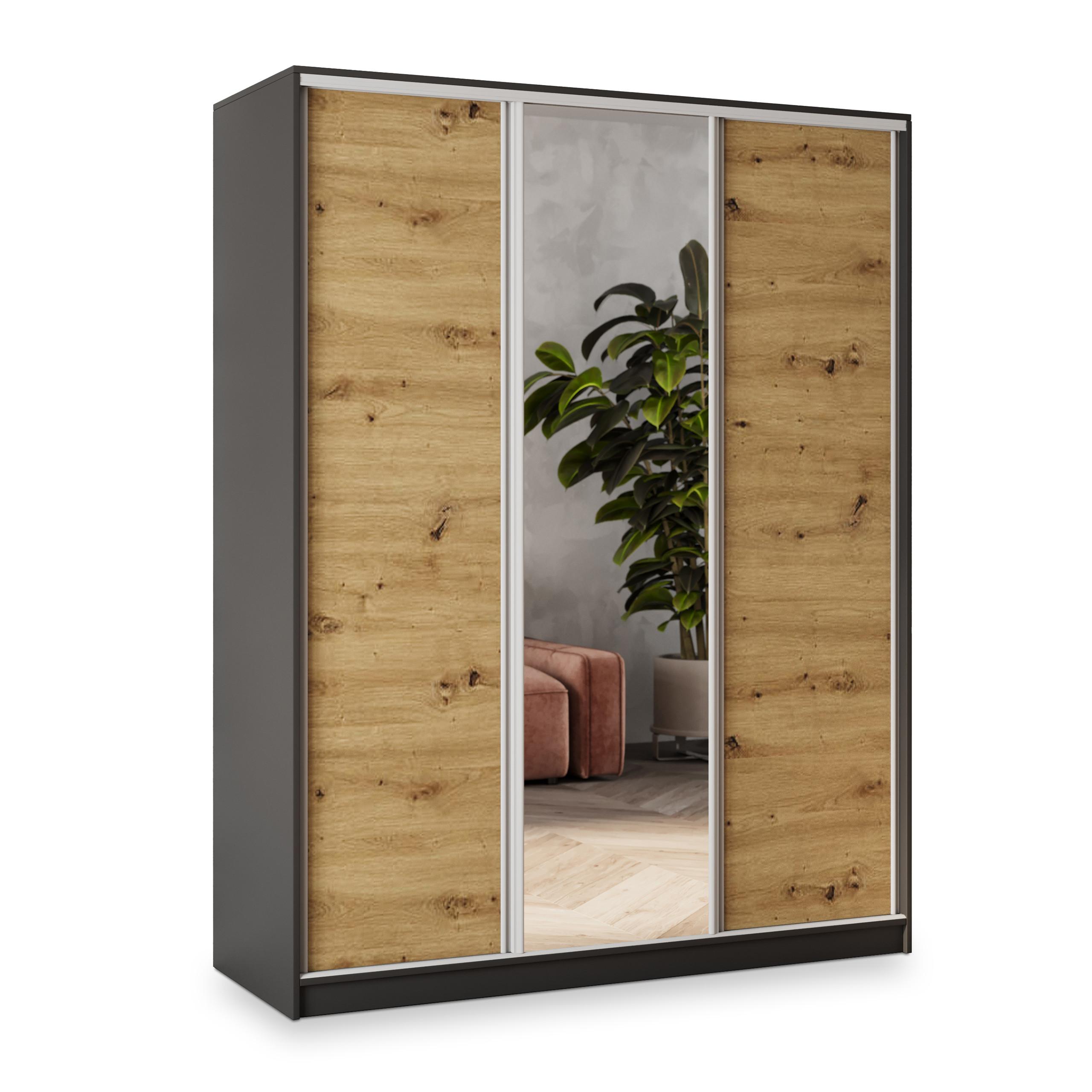 wohnli-moebel-suche-800001058162 Wohnli Möbelsuche - SCHWEBETÜRENSCHRANK SORE 160/205/58 cm 3-türig mit Spiegel und 4 Schubladen Schwarz