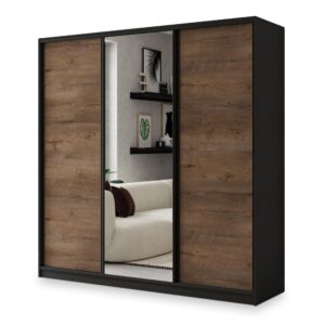 Wohnli Möbelsuche - SCHWEBETÜRENSCHRANK SORE 200/205/58 cm 3-türig mit Spiegel und 4 Schubladen Schwarz
