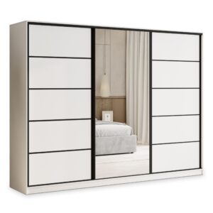 wohnli-moebel-suche-800001058220 Wohnli Möbelsuche - SCHWEBETÜRENSCHRANK PINA 270/205/58 cm 3-türig mit Spiegel und 4 Schubladen Weiß