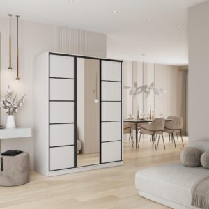 wohnli-moebel-suche-800001058319-1 SCHWEBETÜRENSCHRANK PINA 160/205/58 cm 3-türig mit Spiegel und 4 Schubladen Weiß Holzwerkstoff MASSENO Möbel > Schränke > Kleiderschränke > Schwebetürenschränke Weiß