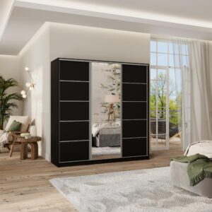 wohnli-moebel-suche-800001058397-1 SCHWEBETÜRENSCHRANK PINA 200/205/58 cm 3-türig mit Spiegel und 4 Schubladen Schwarz Holzwerkstoff MASSENO Möbel > Schränke > Kleiderschränke > Schwebetürenschränke Schwarz