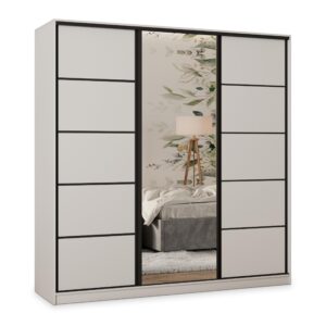 wohnli-moebel-suche-800001058496 Wohnli Möbelsuche - SCHWEBETÜRENSCHRANK PINA 200/205/58 cm 3-türig mit Spiegel und 4 Schubladen Weiß