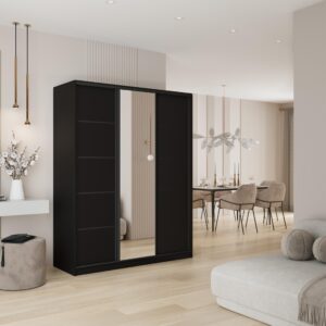 wohnli-moebel-suche-800001058509-1 SCHWEBETÜRENSCHRANK PINA 160/205/58 cm 3-türig mit Spiegel und 4 Schubladen Schwarz Holzwerkstoff MASSENO Möbel > Schränke > Kleiderschränke > Schwebetürenschränke Schwarz