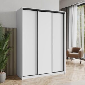wohnli-moebel-suche-800001058539-1 SCHWEBETÜRENSCHRANK NISSE 150/205/60 cm 3-türig Weiß Holzwerkstoff MASSENO Möbel > Schränke > Kleiderschränke > Schwebetürenschränke Weiß