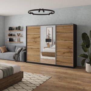 SCHWEBETÜRENSCHRANK NATA 270/205/58 cm 3-türig mit Spiegel und 4 Schubladen Schwarz Holzwerkstoff MASSENO Möbel > Schränke > Kleiderschränke > Schwebetürenschränke Schwarz