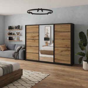 SCHWEBETÜRENSCHRANK NATA 270/205/58 cm 3-türig mit Spiegel und 4 Schubladen Schwarz Holzwerkstoff MASSENO Möbel > Schränke > Kleiderschränke > Schwebetürenschränke Schwarz