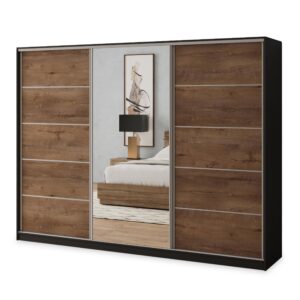 wohnli-moebel-suche-800001058564 Wohnli Möbelsuche - SCHWEBETÜRENSCHRANK NATA 270/205/58 cm 3-türig mit Spiegel und 4 Schubladen Schwarz