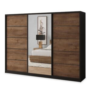 wohnli-moebel-suche-800001058569 Wohnli Möbelsuche - SCHWEBETÜRENSCHRANK NATA 270/205/58 cm 3-türig mit Spiegel und 4 Schubladen Schwarz