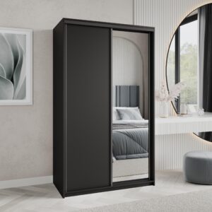 wohnli-moebel-suche-800001058575-1 SCHWEBETÜRENSCHRANK TAVI 120/205/60 cm 2-türig mit Spiegel Schwarz Holzwerkstoff MASSENO Möbel > Schränke > Kleiderschränke > Schwebetürenschränke Schwarz