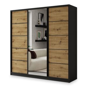 wohnli-moebel-suche-800001058579 Wohnli Möbelsuche - SCHWEBETÜRENSCHRANK NATA 200/205/58 cm 3-türig mit Spiegel und 4 Schubladen Schwarz