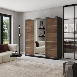 wohnli-moebel-suche-800001058592-1 SCHWEBETÜRENSCHRANK NATA 200/205/58 cm 3-türig mit Spiegel und 4 Schubladen Schwarz Holzwerkstoff MASSENO Möbel > Schränke > Kleiderschränke > Schwebetürenschränke Schwarz