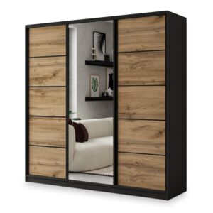 wohnli-moebel-suche-800001058606 Wohnli Möbelsuche - SCHWEBETÜRENSCHRANK NATA 200/205/58 cm 3-türig mit Spiegel und 4 Schubladen Schwarz