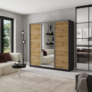 wohnli-moebel-suche-800001058629-1 SCHWEBETÜRENSCHRANK NATA 200/205/58 cm 3-türig mit Spiegel und 4 Schubladen Schwarz Holzwerkstoff MASSENO Möbel > Schränke > Kleiderschränke > Schwebetürenschränke Schwarz